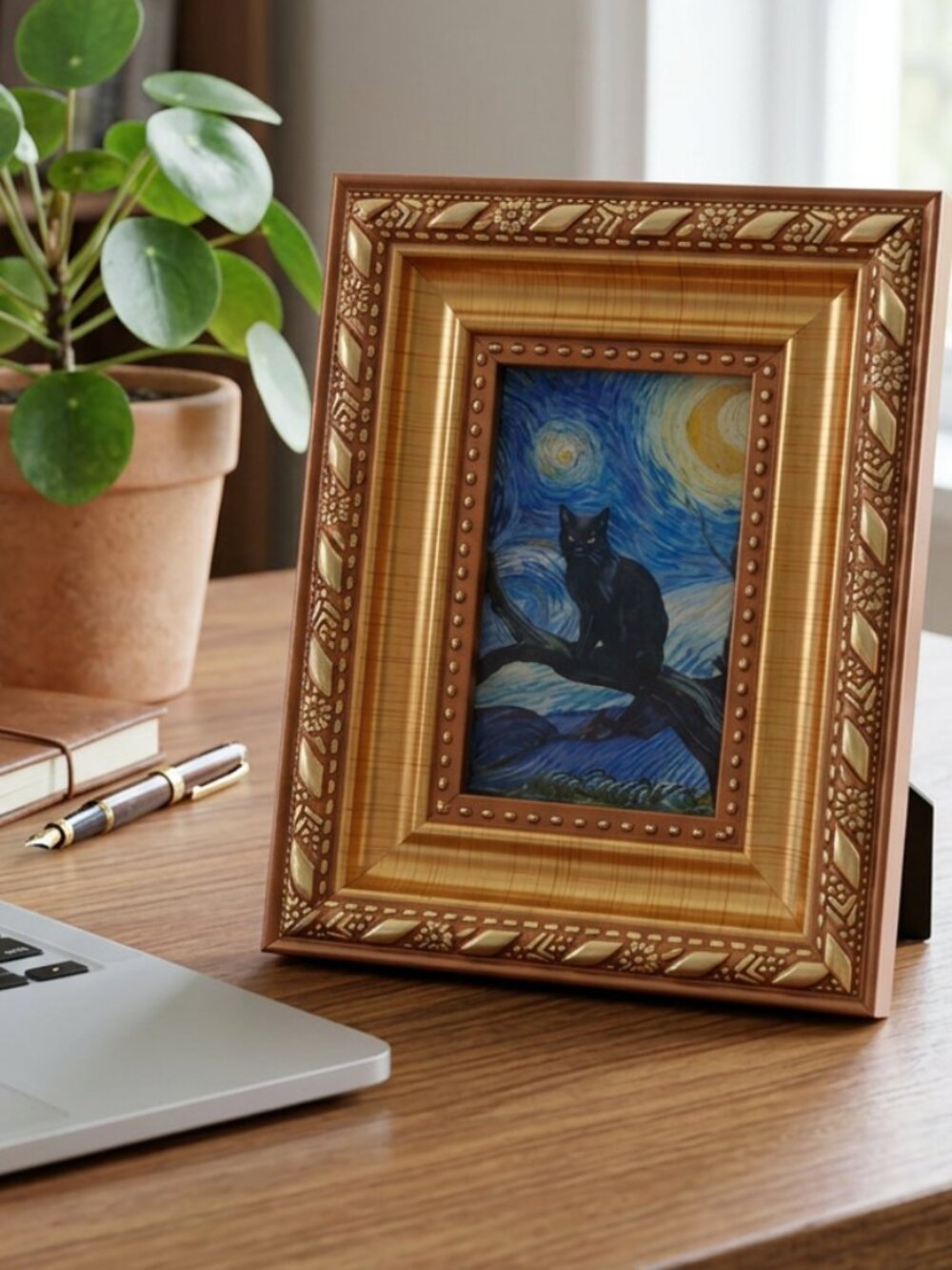 Handmade Mini Framed Print - Van Gogh Starry Night Black Cat 4.75x3.75"